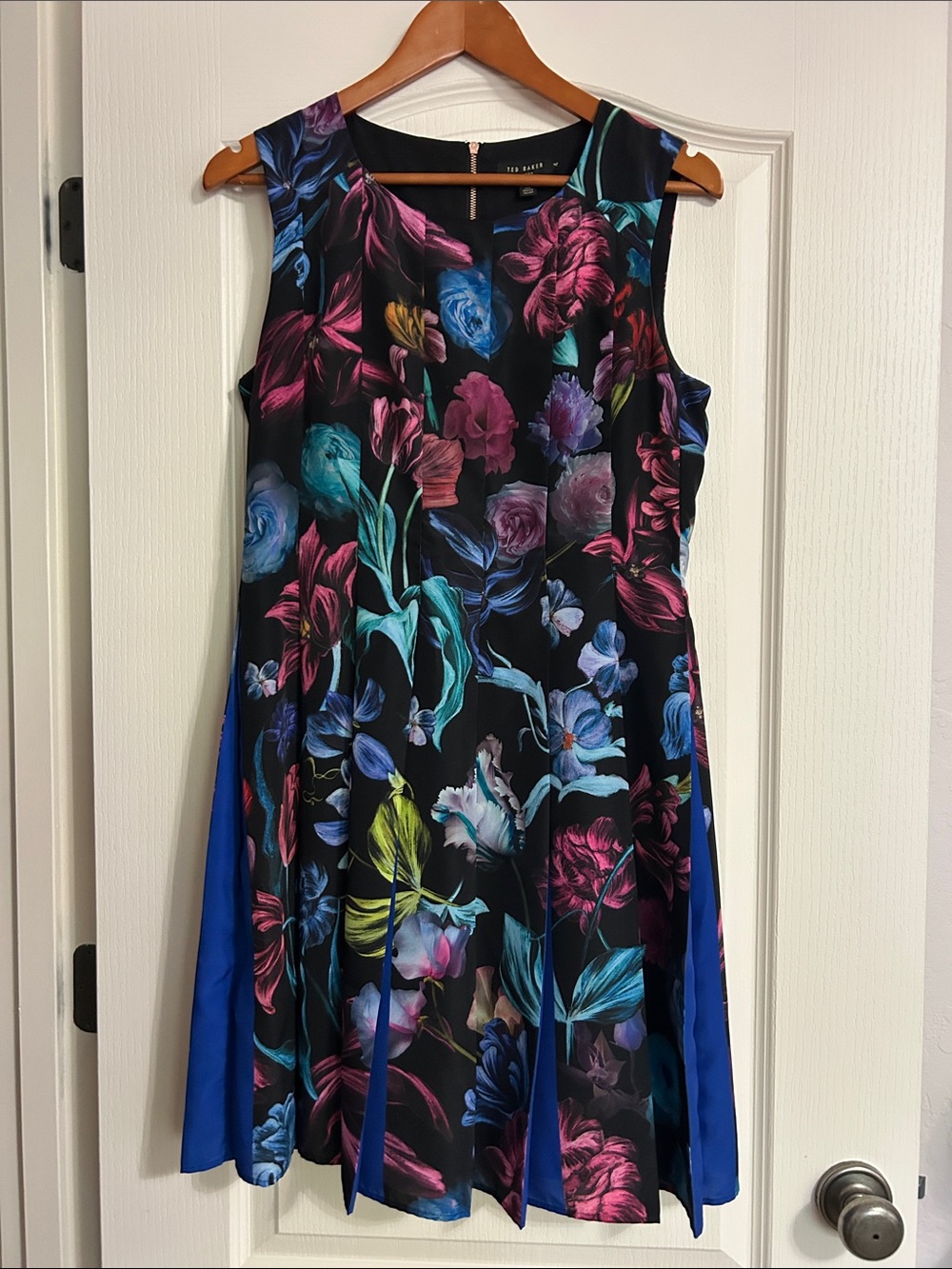 Ted Baker Black Floral Fit-and-Flare Dress with Blue Panels